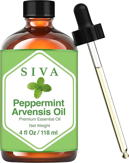 SIVA Peppermint Arvensis Essential Oil - 4 Fl Oz – Natural Peppermint Arvensis Oil - for Diffuser, Face, Skin Care, Aromatherapy, Hair Care, Scalp and Body Massage - with Dropper