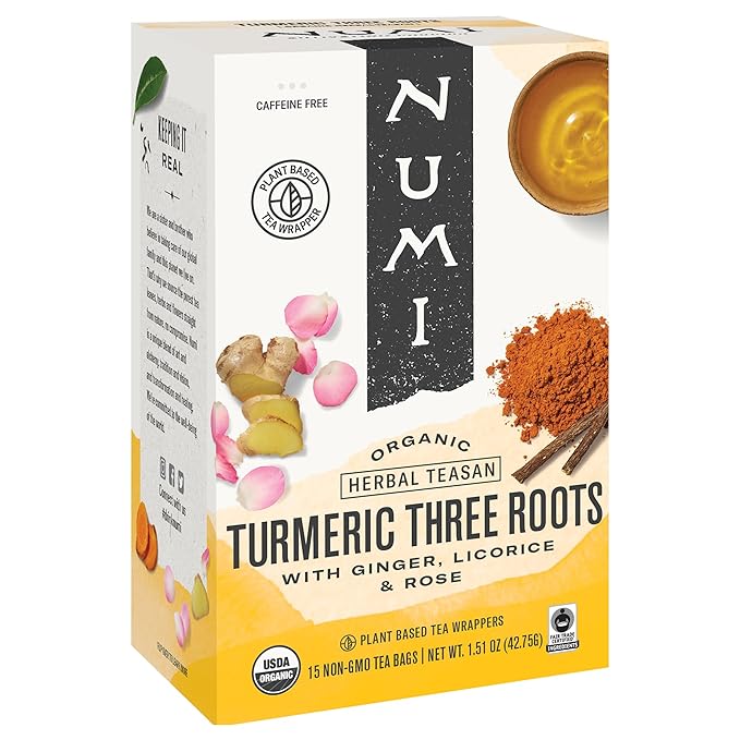 Numi Organic Three Roots Turmeric Tea Bags, 15 Tea Bags, Turmeric Tea with Ginger, Licorice, Rose, Caffeine Free