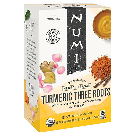 Numi Organic Three Roots Turmeric Tea Bags, 15 Tea Bags, Turmeric Tea with Ginger, Licorice, Rose, Caffeine Free