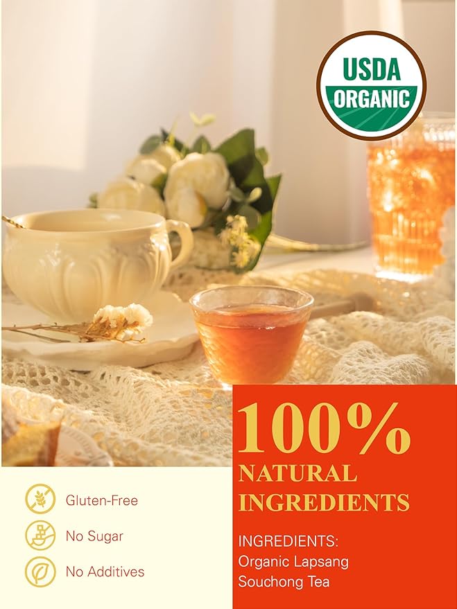 GLDNT Organic Lapsang Souchong Tea Bags, Organic Smoked Black Tea, Caffeinated, Full-Bodied Taste, Hot & Iced Tea, 100 Count