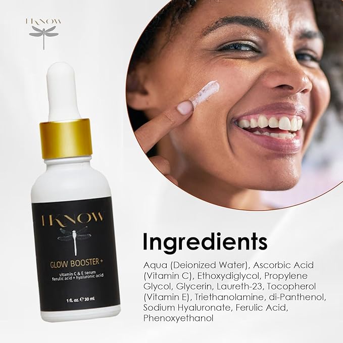 IKNOW Glow Booster+ Vitamin C and E Serum, Hyaluronic Acid Serum for Face, Facial Serum for Glow Up, Hydrating Serum for Dark Spots, Fine Lines and Wrinkles (1 oz)