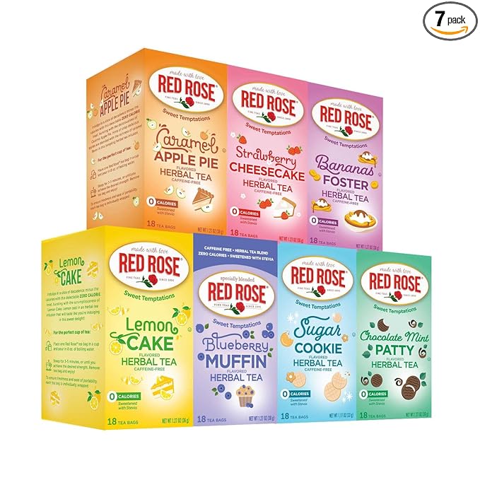 Red Rose Sweet Temptations Dessert Tea Variety Pack, Zero Sugar, Zero Calories Caffeine-Free Flavored Herbal Tea 7 Pack (126 tea bags) Delicious Beverage Gift Set Fruit Naturally Flavored Herbal Tea