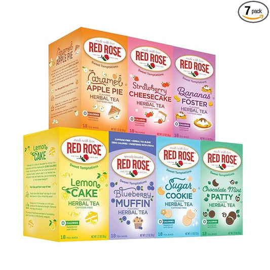 Red Rose Sweet Temptations Dessert Tea Variety Pack, Zero Sugar, Zero Calories Caffeine-Free Flavored Herbal Tea 7 Pack (126 tea bags) Delicious Beverage Gift Set Fruit Naturally Flavored Herbal Tea