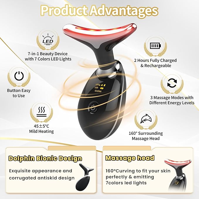 Portable Face Beauty Device, 7 Color Portable Face Massager Tool for Skin Care, Based on Triple Action LED, Thermal, and Vibration Technologies, at Home Skin Care Face Sculpting Tool(Glossy Black)