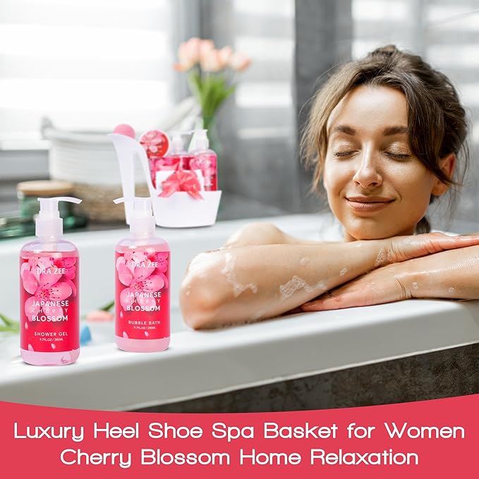 Draizee Mothers Day Gifts for Mom - 8 Pcs Luxury Cherry Blossom Scented Heel Shoe Design Bath and Body Spa Set-Self Care Package for Women - Spa Gift Baskets for Women, Presents for Mom, Body Care Set
