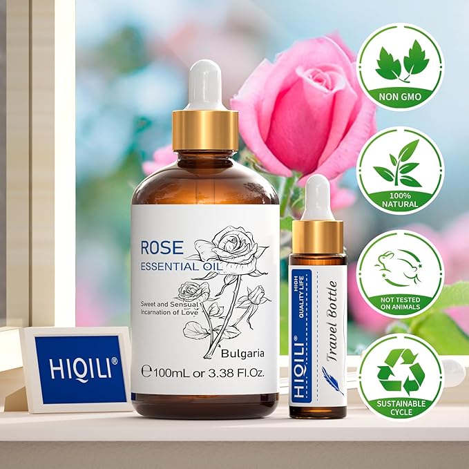 HIQILI Rose Essential Oil for Diffuser, Skin Care, Soap, Perfume & Candle Making - 3.38 Fl Oz