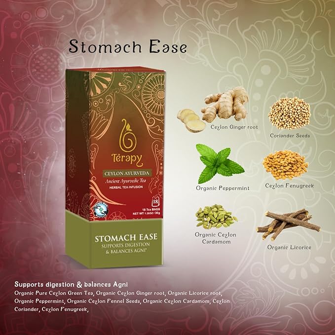 Térapy Ceylon Stomach Ease Herbal Tea Bags | Soothes Stomach & Supports Healthy Digestion | All Natural Ayurvedic Ingredients Including Peppermint, Ginger, Licorice | 18 Individually Wrapped Tea Bags