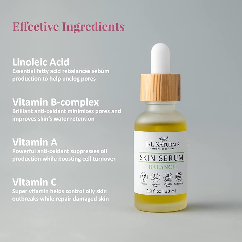 J&L Naturals | Facial Oil for Oily, Sensitive, Dry, Combination, Mature, & Dull Skin Types | With Jojoba Oil, Grapeseed Oil, Sunflower Oil, & More (1 Fl Oz (Pack of 1), Balance (oily, combination))