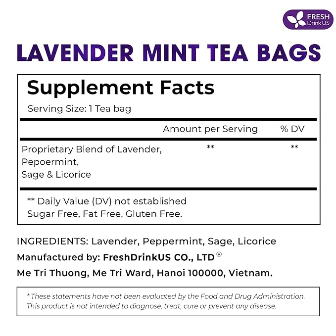 FreshDrinkUS, Premium 75 Tea Bags Lavender Mint Tea, 100% Natural, Blend of Lavender, Peppermint, Sage and Licorice. Made with Natural Material Tea Bags. No Sugar, No Caffeine, Vegan.