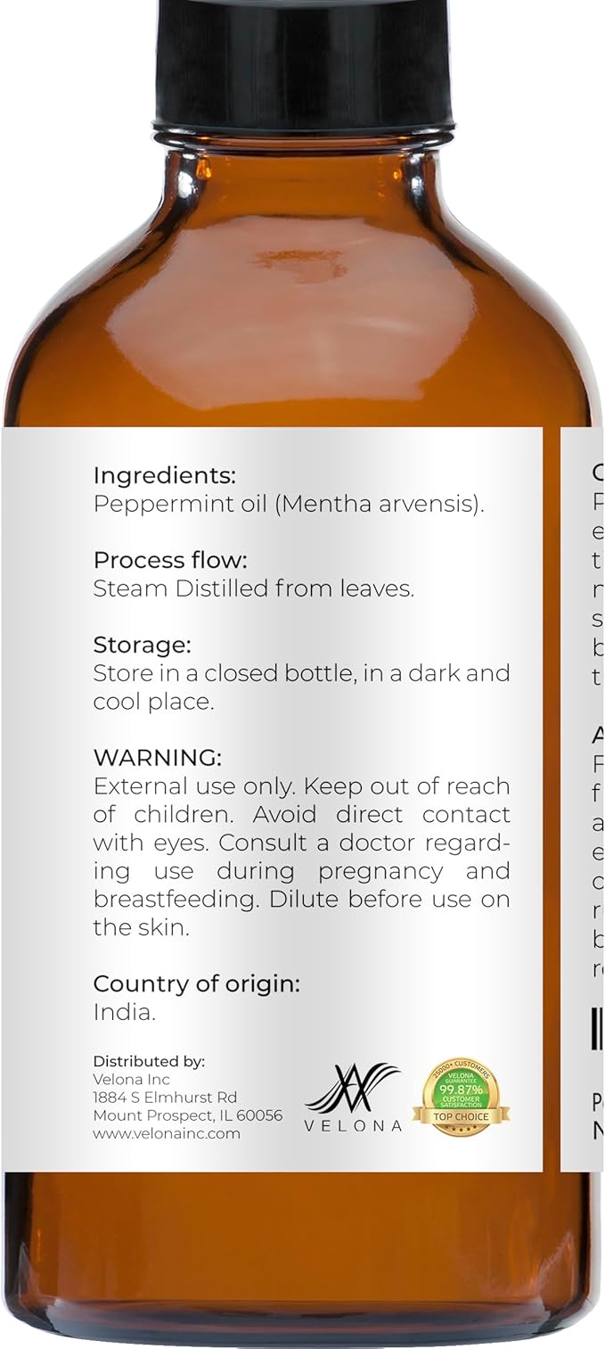 velona Peppermint Essential Oil 4 Fl Oz | Therapeutic Grade 100% Pure and Natural | for Aromatherapy Diffuser, Massage, Skincare, Haircare, Soapmaking | Undiluted and Multipurpose in Glass Bottle