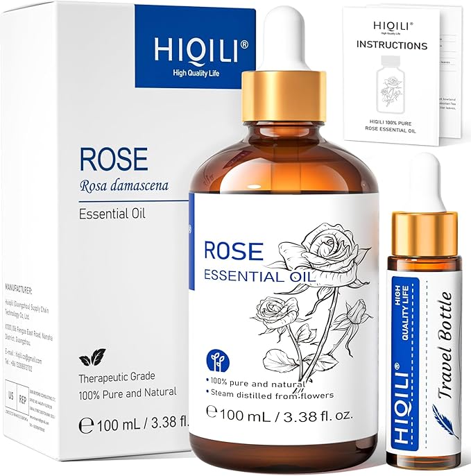 HIQILI Rose Essential Oil for Diffuser, Skin Care, Soap, Perfume & Candle Making - 3.38 Fl Oz