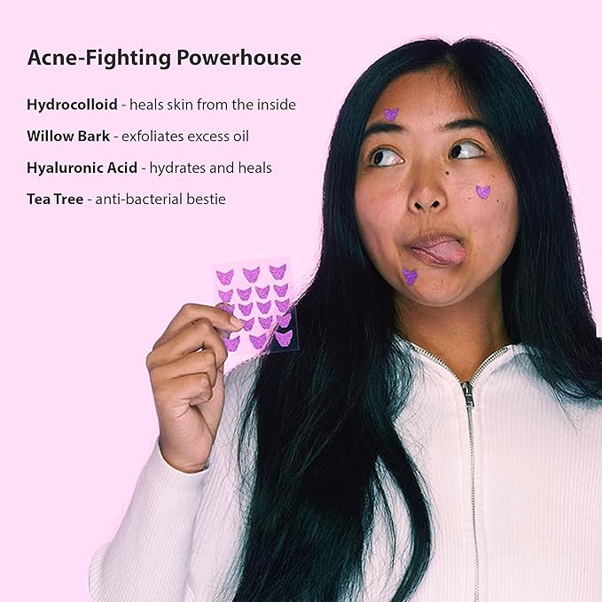 Frilliance Hydrocolloid Acne Pimple Patches for Zits and Blemishes 3 Pack Bundle, Pink Heart, Purple Butterfly & Clear Circle Spot Treatment Stickers for Face & Skin, Vegan and Cruelty Free