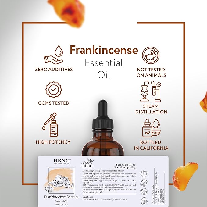 HBNO California Bottled Frankincense Essential Oil (Serrata) 4 fl oz (120ml) - Natural & Premium Grade Frankincense Oil Essential Oil, Frankincense Essential Oil for Skin and Aromtherapy