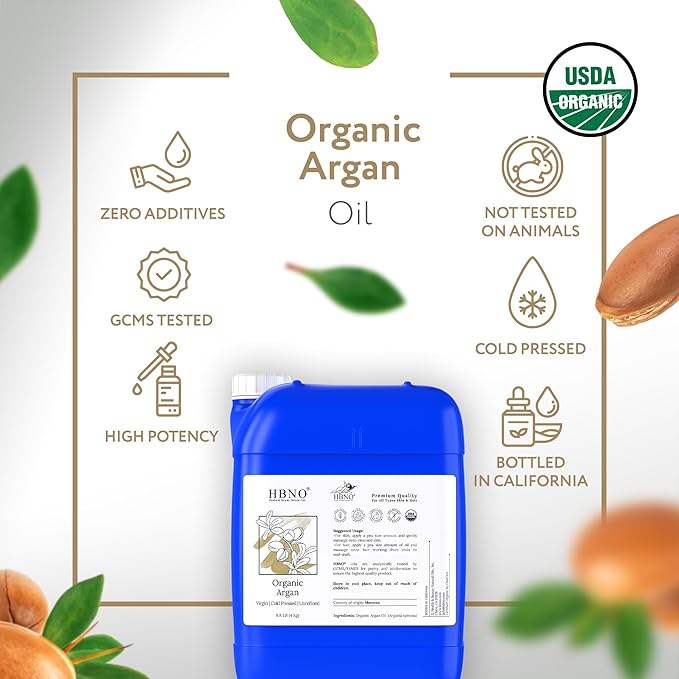 HBNO Organic Argan Oil - 8.8 lbs (4kg) - Ideal for Shampoos, Conditioners, Face wash, Lotions, and Skin care products.