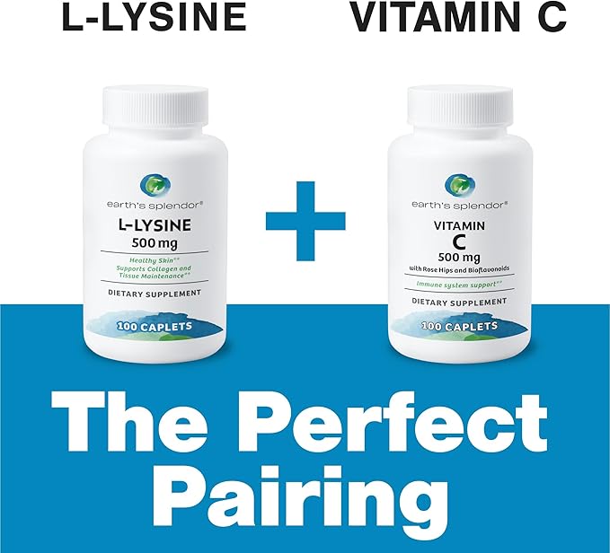 Earth's Splendor L-Lysine 500 mg Dietary Supplement for Men & Women, Supports Collagen & Tissue Maintenance (500 mg, 100 Caplets)