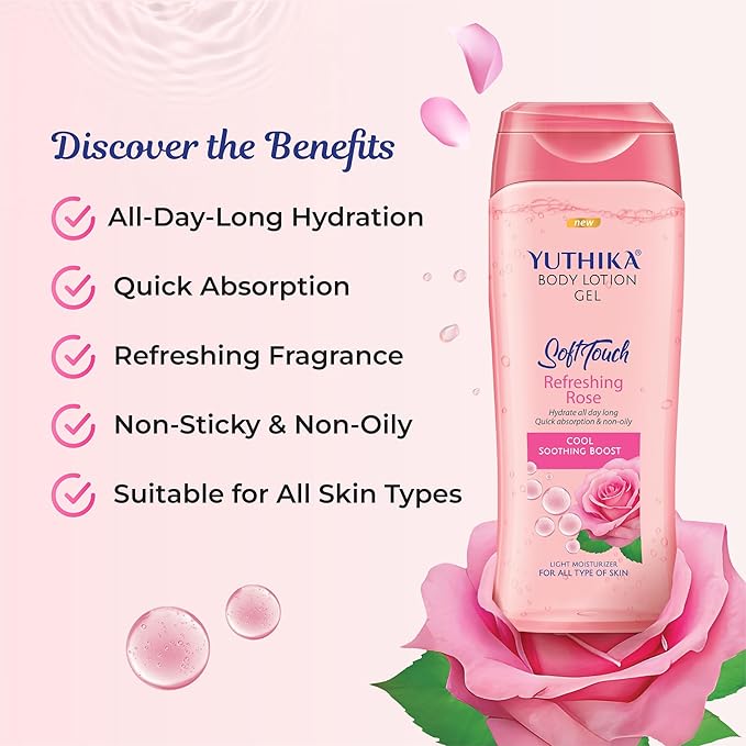 Yuthika Body Lotion Gel Refreshing Rose 300ml Pack of 1, Soft Touch Gel Body Lotion for Summer, Winter, Light Moisture for Face and All Skin Types, Rose Body Lotion