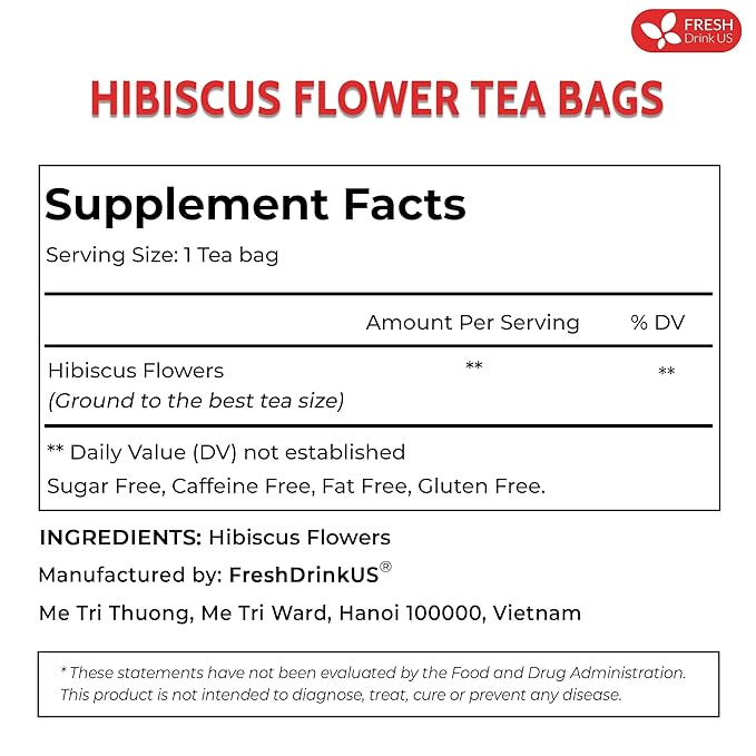 FreshDrinkUS Premium 60 Hibiscus Tea Bags, 100% Natural & Pure. Loose Flower Herbal Tea, No Sugar, Caffeine, Gluten. Vegan.