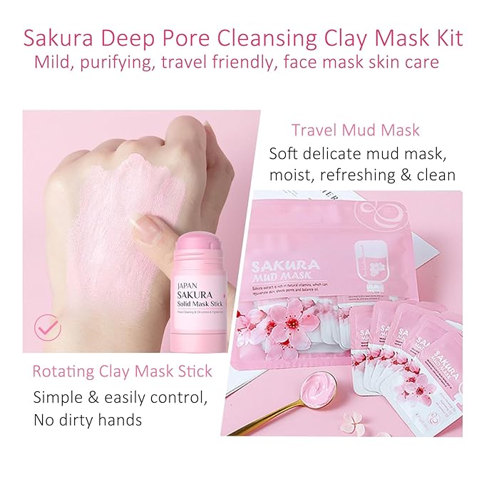 Sakura Face Mask Stick, Deep Cleanse Mask For Acne & Oily Skin, Dead Sea Mud Mask Stick For Face Deep Pore Cleansing Exfoliating, Travel Clay Mask For Pores, Oil Control Facial Masks For Women