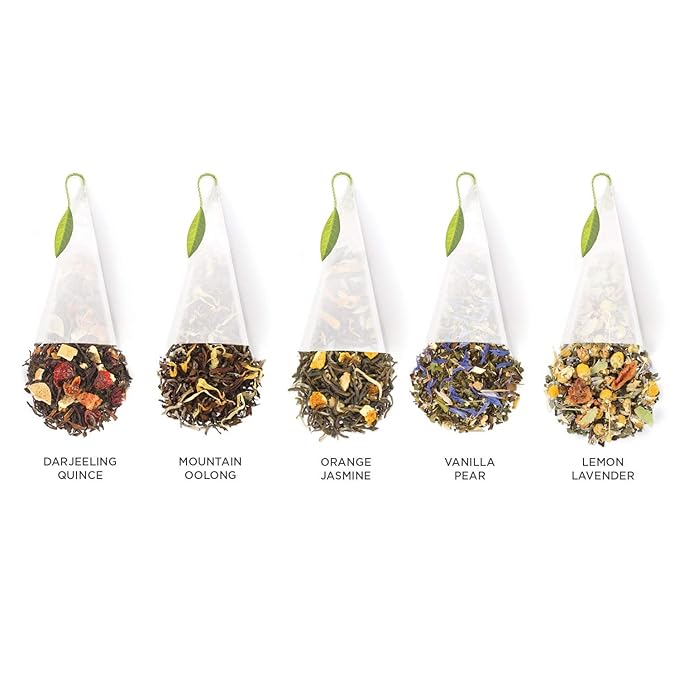 Tea Forte Lotus Petite Presentation Box Tea Gift Set Sampler, 10 Assorted Variety Handcrafted Pyramid Infuser Bags, Black, Green, Oolong, White, Herbal Blends