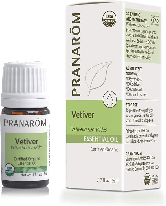 Pranarom USDA Certified Organic Vetiver Essential Oil (5ml), 100% Pure Undiluted Therapeutic Grade from Haiti & Madagascar for Aromatherapy, Diffuser, Calming, Relaxation, DIY, Massage Oil