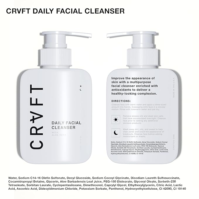 CRVFT 2-Step Men’s Facial Care Kit | Aloe Vera Face Wash 3oz | Hyaluronic Moisturizer 1oz | 2 Piece Complete Daily Face Care Routine | Look + Feel Your Best [Scented]