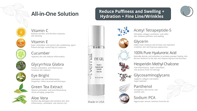 Vernal Anti Wrinkle Eye Cream - Vitamin C and Hyaluronic Acid Infused Collagen Eye Cream, Dark Circle Depuffing Eye Bag Cream for Dark Circles, Puffiness, Under Eye Bags, Crows Feet & Fine Lines