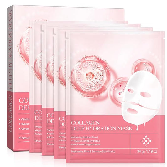 Collagen Face Mask, Hydrating Overnight Hydrogel Collagen Mask for Women, Deep Collagen Anti Wrinkle Lifting Mask for All Skin Types, Pore Minimizing, Elasticity Improvement, 34g x4ea