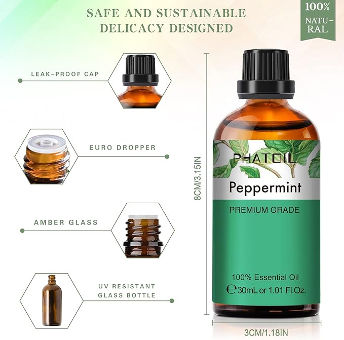 Peppermint Essential Oil, 1.01Fl.Oz (30ML) PHATOIL Pure Essential Oil Singles for Aromatherapy Diffusers, Humidifiers, Great for DIY Candle and Soap Making, Gift for Friend