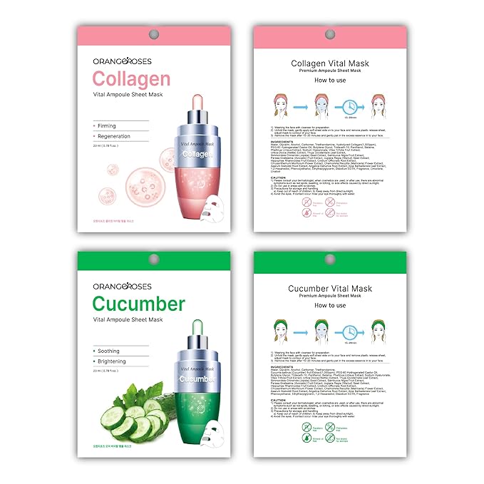 【Orangeroses】 13 Pcs Combo Vital Ampoule Sheet Mask, Korean Facial Skincare Sheet | Simple & Effective Skincare Routine | Moisturization | Wrinkle Care | Brightening (New Upgraded Mask)