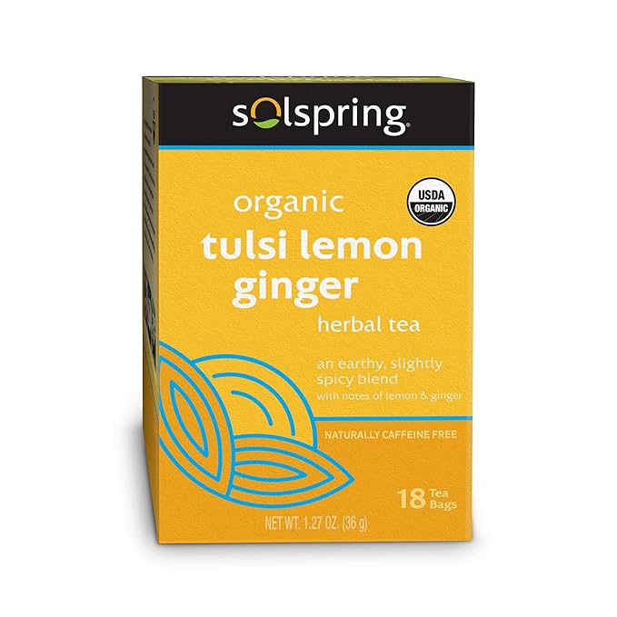Dr. Mercola Solspring Organic Tulsi Lemon Ginger Herbal Tea, 18 Tea Bags, Naturally Caffeine Free, USDA Organic, Organic Demeter Certified