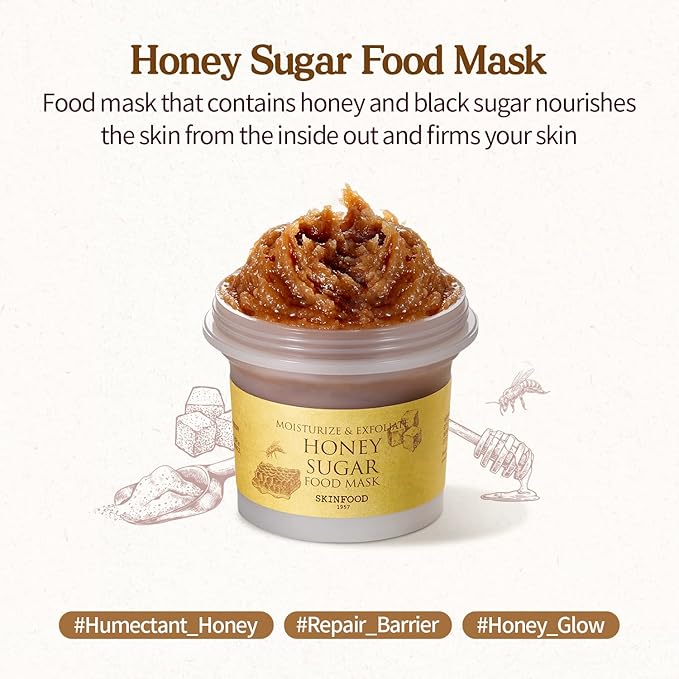 SKINFOOD Mask Honey Sugar 120g - Facial Pore Cleanser, Nourishing & Firming Skin Exfoliator - Wash Off Face Masks w/Melting Sugar for Healthy and Smooth Skin- Shower-Proof Texture (4.23 oz)