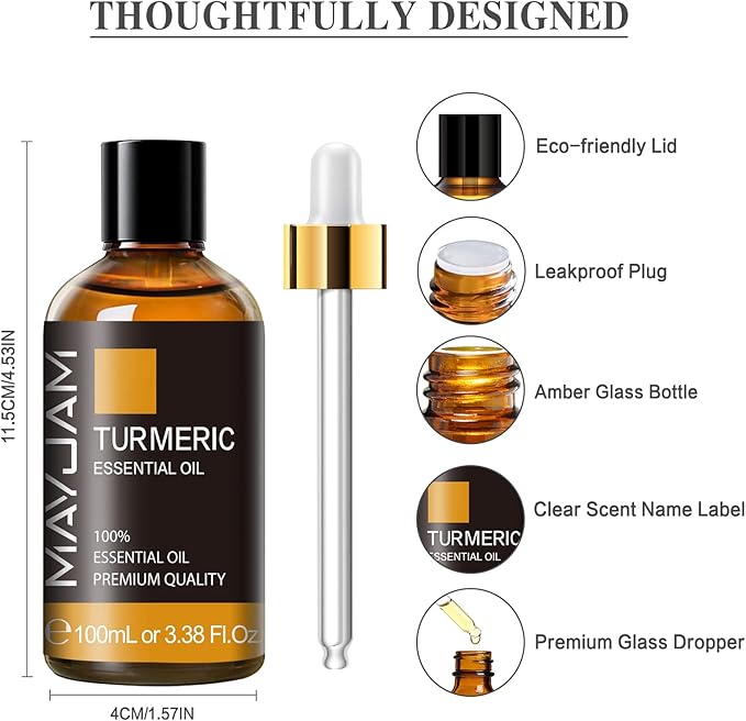 Turmeric Essential Oil, MAYJAM Pure Essential Oils for Diffusers, 3.38FL.OZ/100ML Large Volume Turmeric Oil with Premium Glass Dropper
