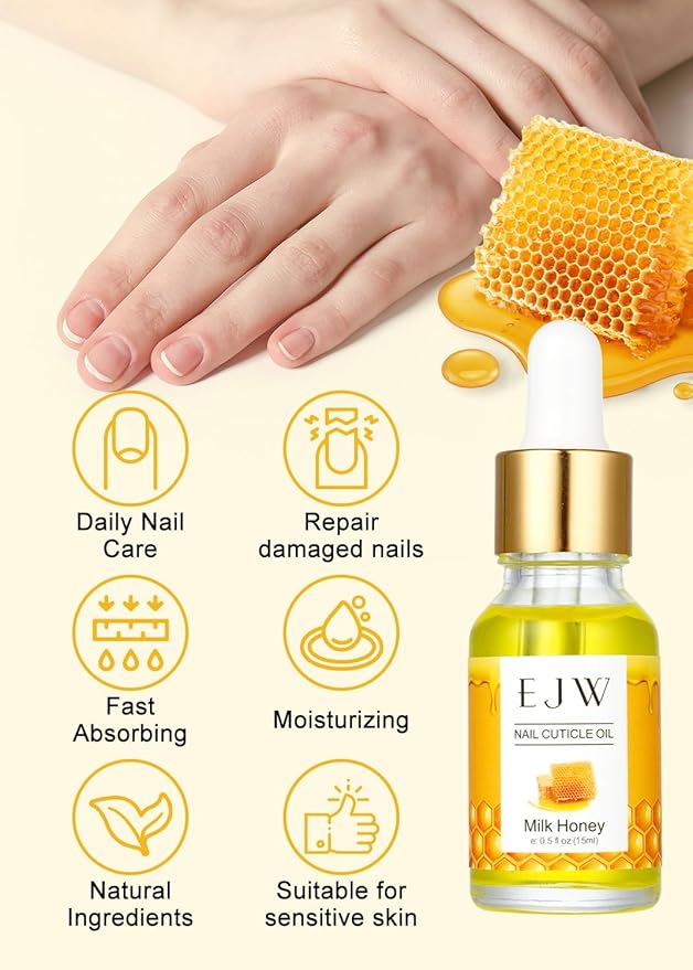EJW Cuticle Oil for Nails, Rose and Milk Honey, Improves Hangnails and Hand Lines, Contains Vitamin E and Jojoba Oil, Natural Ingredients