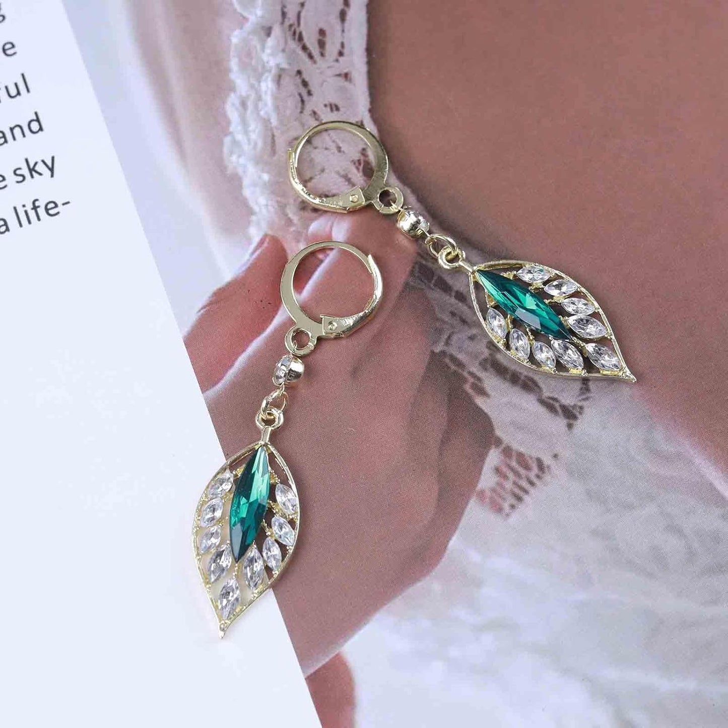 Vintage Crystal Emerald Leaf Dangle Earrings Green Rhinestone Leaf Drop Earrings Green Cz Leaf Earrings Crystal Leaf Hoop Earrings Jewelry for Women