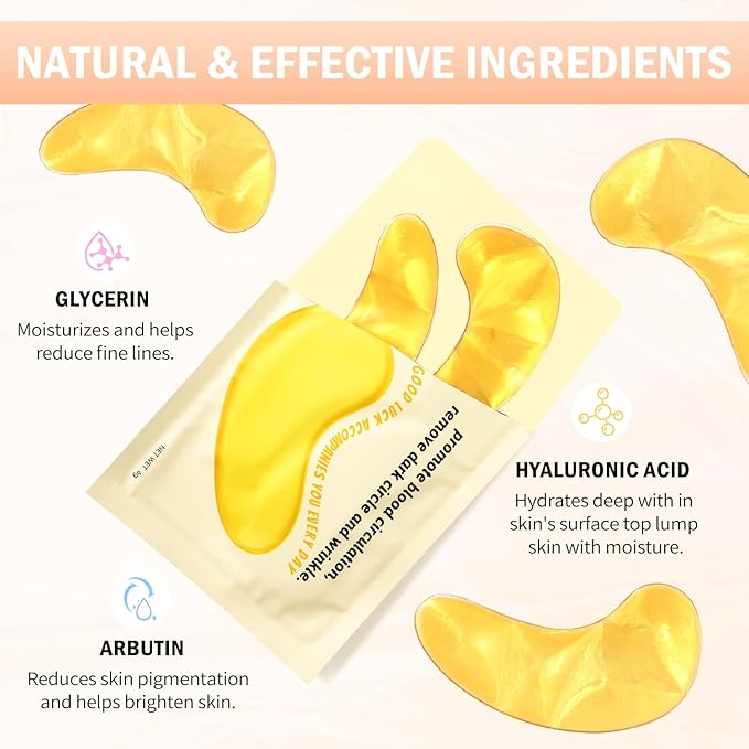 Under Eye Patches (30 Pairs) - 24K Gold Eye Mask for Puffy Eyes, Dark Circles, Under Eye Bags and Smooth Wrinkles, Eye Gel Pads With Collagen, Hyaluronic Acid & Castor Oil