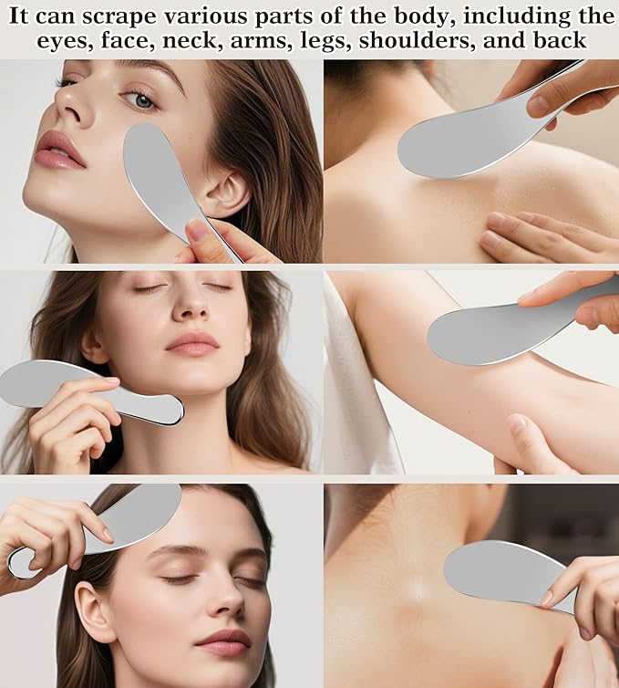 Face Roller, Large Stainless Steel Metal Guasha & Eye Cream Applicator Facial Tool Set Eye Massager Lymphatic Drainage Gua Sha for Face Neck