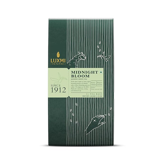 Luxmi Estates - Midnight Bloom - Organic Jasmine Tea - 25 Tea Bags | With Organic Jasmine Buds and Premium Darjeeling Green Tea | Natural Aid to Relieve Stress, Anxiety and Sleep Problems