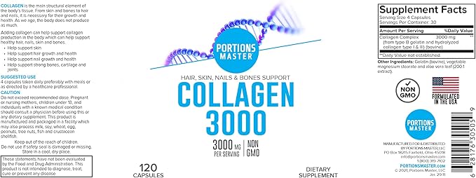 Collagen 3000mg - 120 Capsules, Non GMO, Hair Skin, Nails & Bones Support
