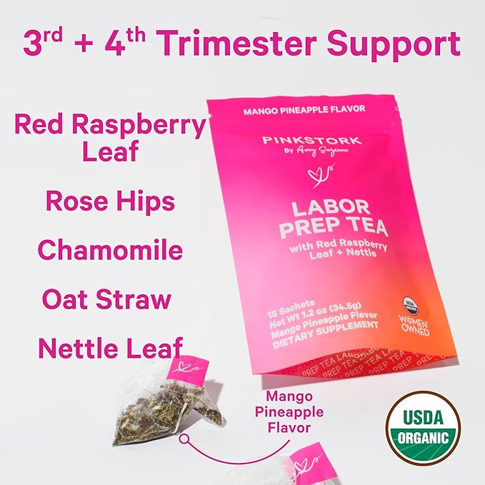Pink Stork Organic Red Raspberry Leaf Labor Prep Tea - Mango-Pineapple with Nettle, and Moringa - Third Trimester Pregnancy Tea - Labor and Delivery Essentials for Women, 30 Cups