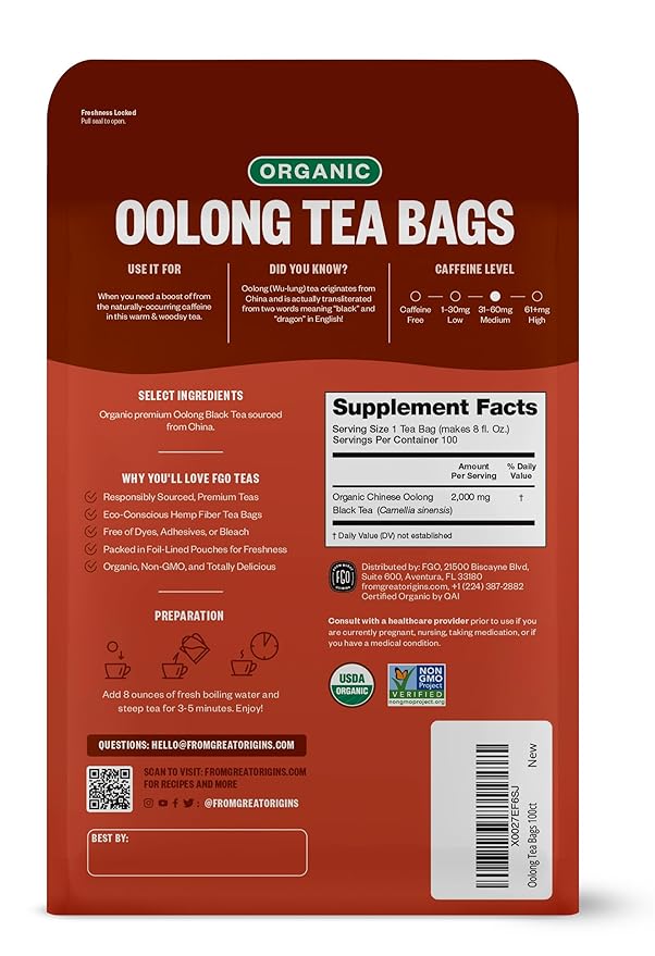 FGO Organic Oolong Tea, Eco-Conscious Tea Bags, 100 Count, Packaging May Vary (Pack of 1)
