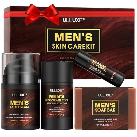Skin Care Kit for Men, Fathers Day Gifts, Birthday Gift for Husband, Dad, Mens Skincare Set with Face Cream, Lip Balm, Deodorant Stick & Bath Soap, Facial Skincare, Lip Care & Body Care for Him