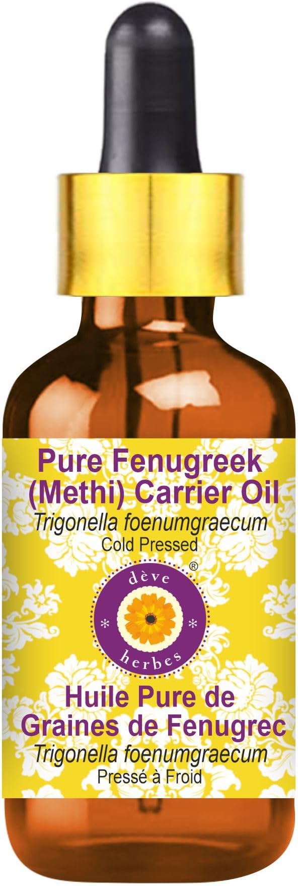 Deve Herbes Pure Fenugreek (Methi) Carrier Oil (Trigonella foenumgraecum) wih Glass Dropper Cold Pressed 30ml (1 oz)