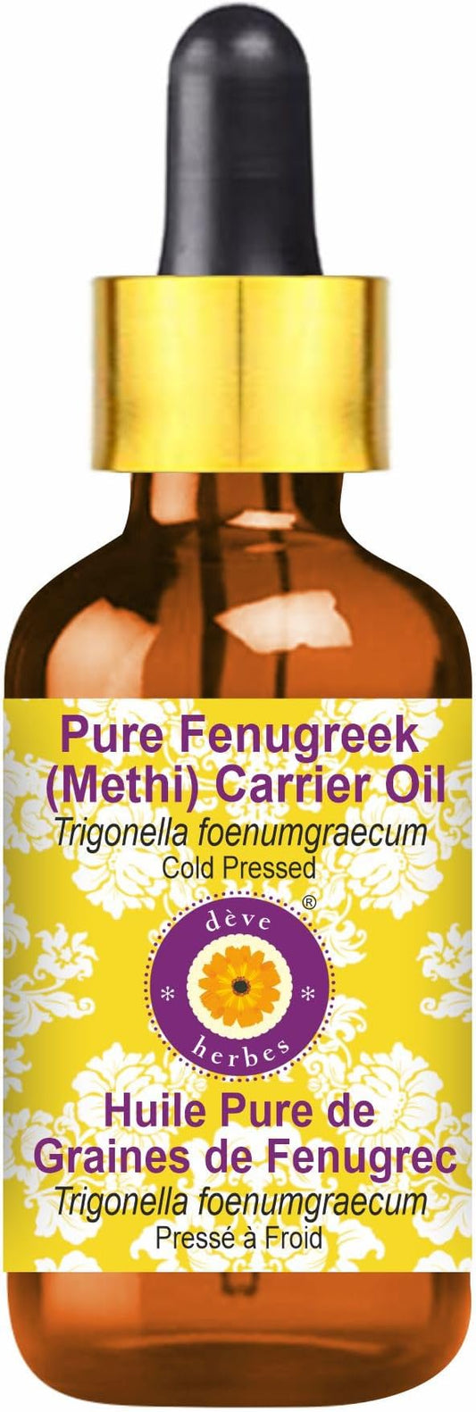 Deve Herbes Pure Fenugreek (Methi) Carrier Oil (Trigonella foenumgraecum) wih Glass Dropper Cold Pressed 30ml (1 oz)