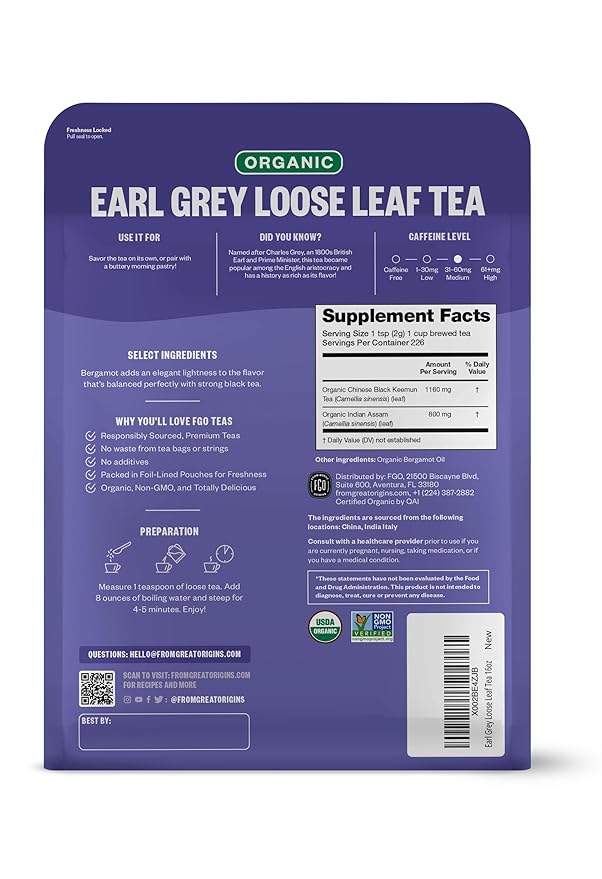 FGO Organic Earl Grey Black Tea, 16 Ounce Loose Leaf Bulk Resealable Bag, 16oz, Packaging May Vary (Pack of 1)