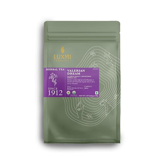 Luxmi Estates - Valerian Dream - Organic Valerian Root Tea for Sleep - 50 Tea Bags | with Valerian Root, Chamomile & Lavender | Perfect Wellness Sleep Tea
