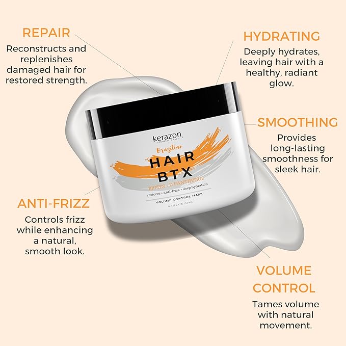 KERAZON Brazilian Hair BTX Treatment Mask 8oz 236ml provides repair for damaged, dry, smoothing, deep conditioning and hydration, nutrition, shine, softness, volume control and smoothness.