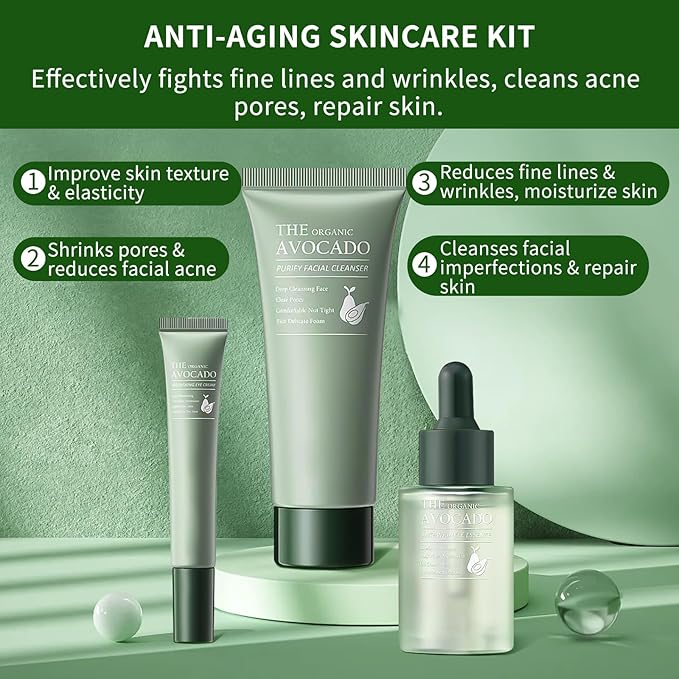 Avocado Skin Care Set, Skincare Gifts Kits For Hydrating Skin, Anti Aging Facial Kit For Women With Facial Cleanser, Toner, Face Serum, Lotion, Face Cream, Eye Cream. (6 Pieces)
