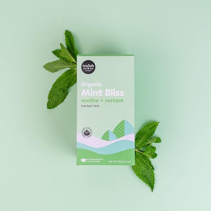 Tealish - Organic Mint Bliss Herbal Tea Sachets, 15 Biodegradable Tea Bags - Organic Herbal Tea Bags - Tea for Digestion, Sip After Meals, Relaxation and Calming Tea