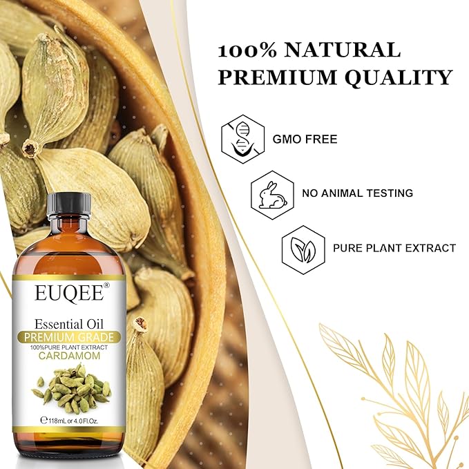 Cardamon Essential Oil 118 ml Large Bottle Premium Cardamon Oil with Glass Dropper, Great for Diffusers, Candle & Soap Making-4oz