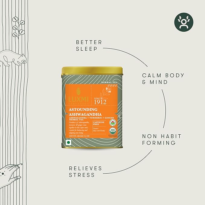 Luxmi Estates - Astounding Ashwagandha - Organic Ashwagandha Tea - Loose Leaf - 100g (50 Cups) | With Ashwagandha, Turmeric, Ginger, Lemongrass & More | Perfect Stress Relief Tea